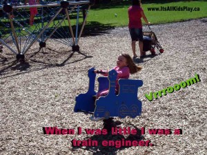 When I was a kid I was a train engineer. (Child on train toy in a park.)